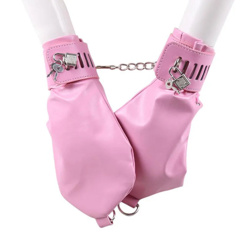 Gants en cuir avec cadenas & anneaux pour bondage fétichiste