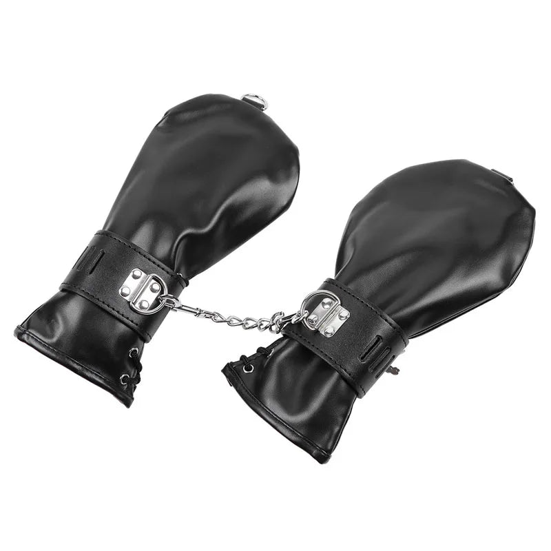 Gants en cuir avec cadenas & anneaux pour bondage fétichiste