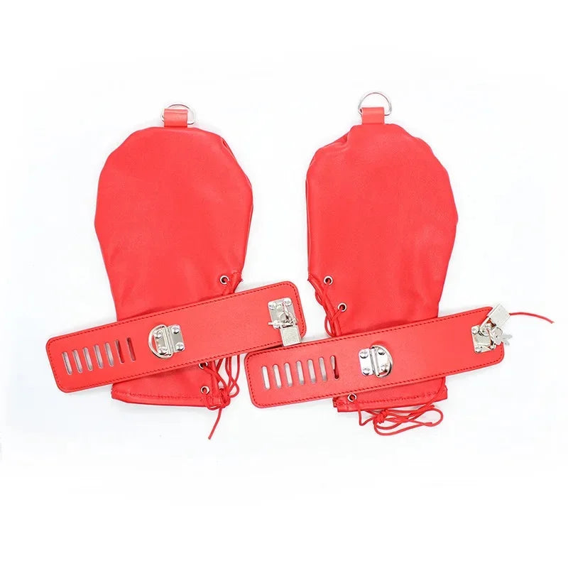Gants en cuir avec cadenas & anneaux pour bondage fétichiste