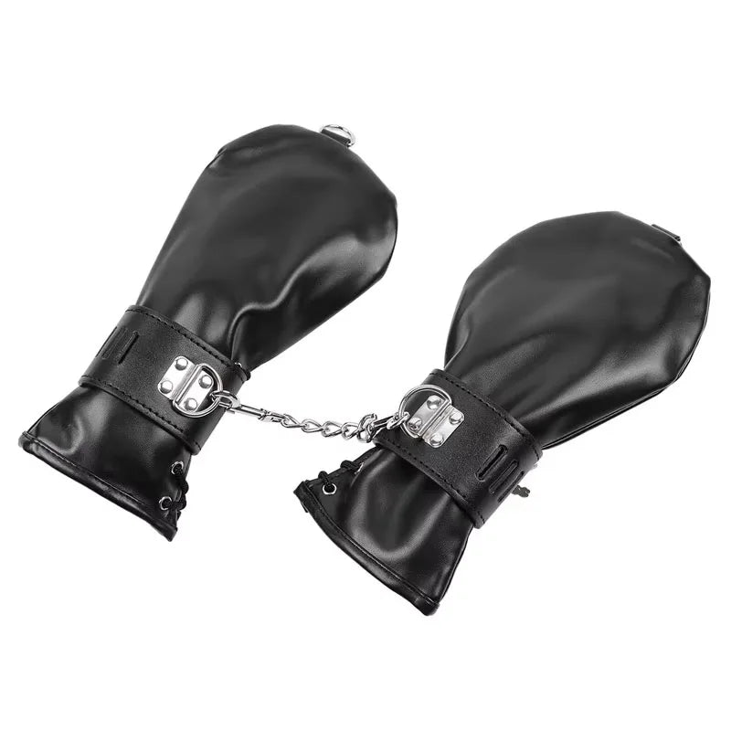 Gants en cuir avec cadenas & anneaux pour bondage fétichiste